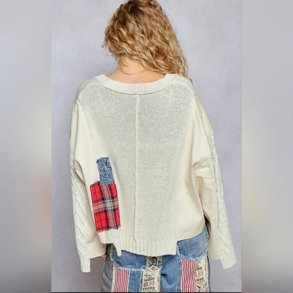 POL V neck Cream Floral Plaid print Oversized Sweater Top - Picture 5 of 6